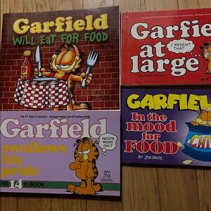 4 GARFIELD Books Jim Davis - will eat, at large, swallows pride, mood for food